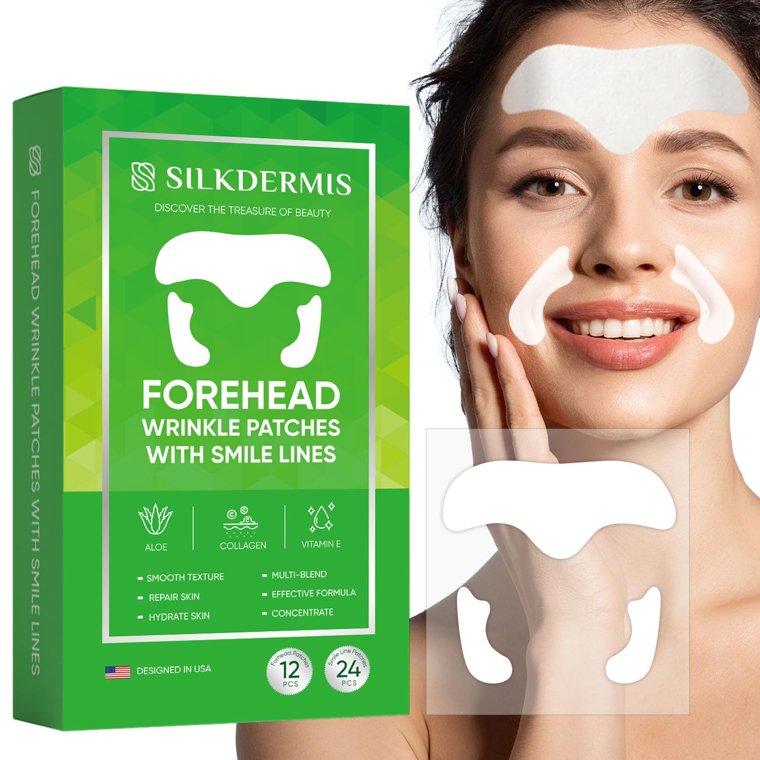 SILKDERMIS front packaging showing 12 forehead patches and benefits