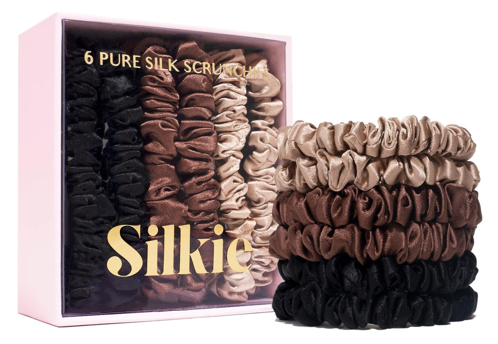 Silkie front packaging showing six truffle toned scrunchies and pouch, protects hair
