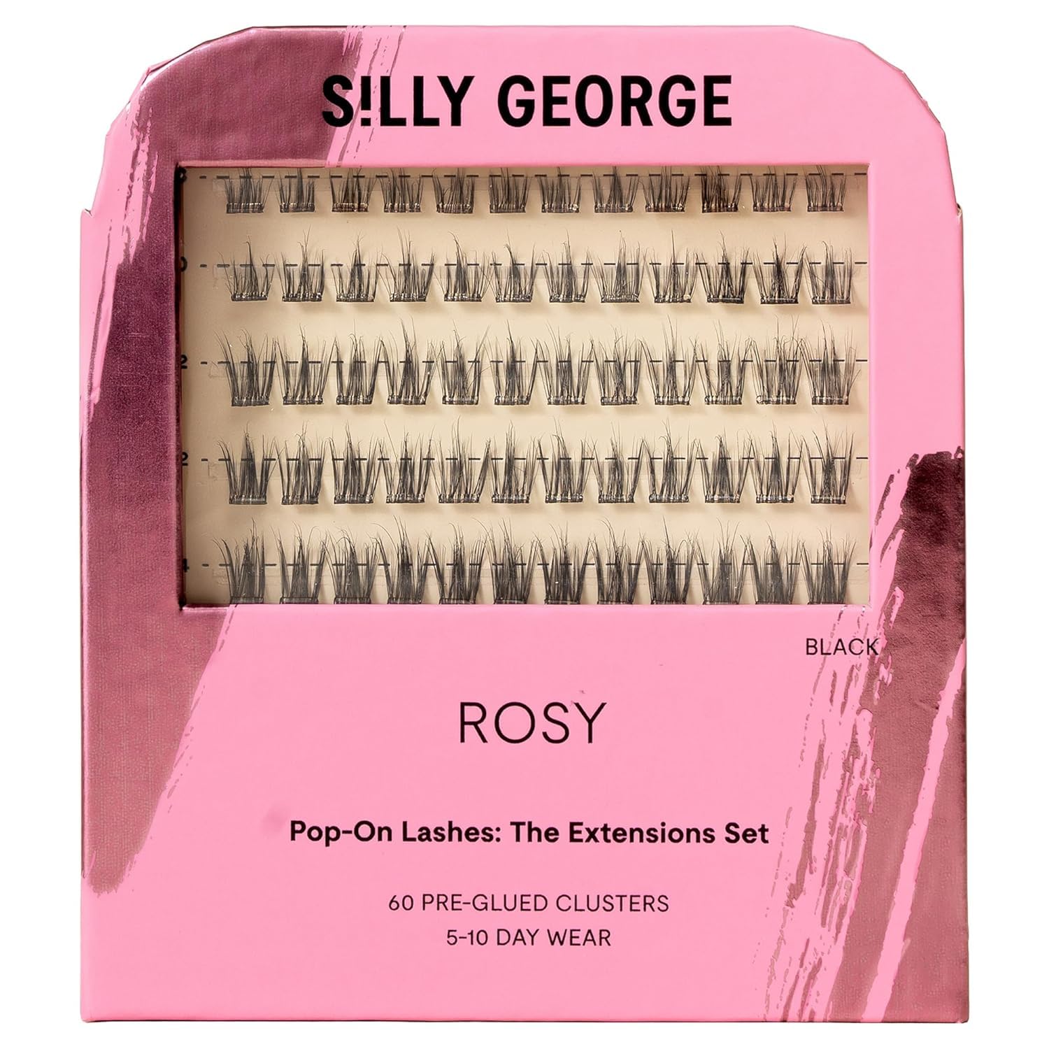 Silly George front packaging showing 60 pre-glued cluster lashes, quick application benefit