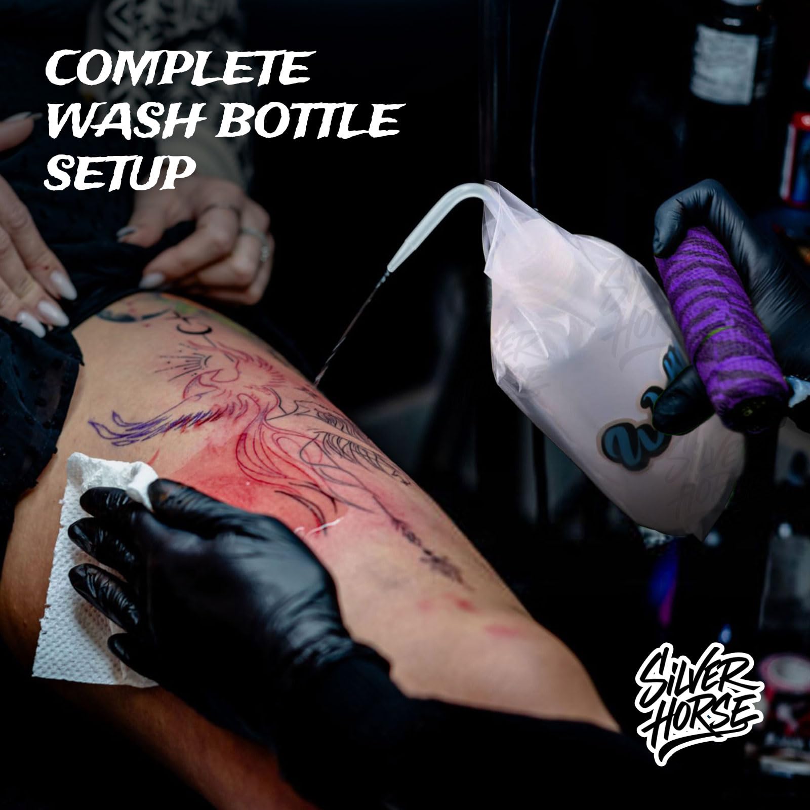 SILVERHORSE bag fitted over 500ml squeeze bottle protecting nozzle and hand contact