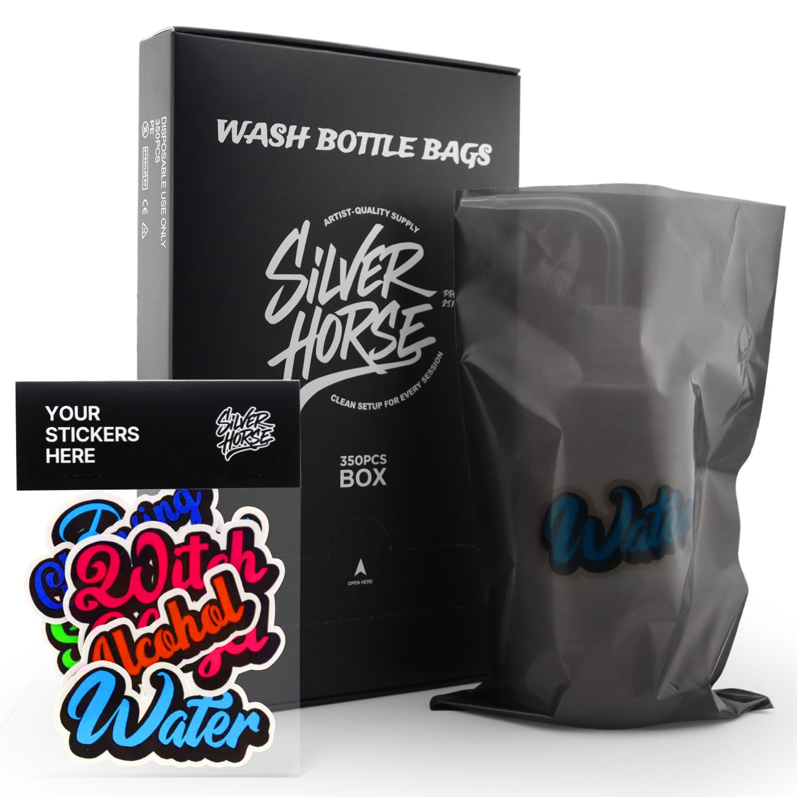 SILVERHORSE front packaging box showing 350 wash bottle bags and dispenser benefit