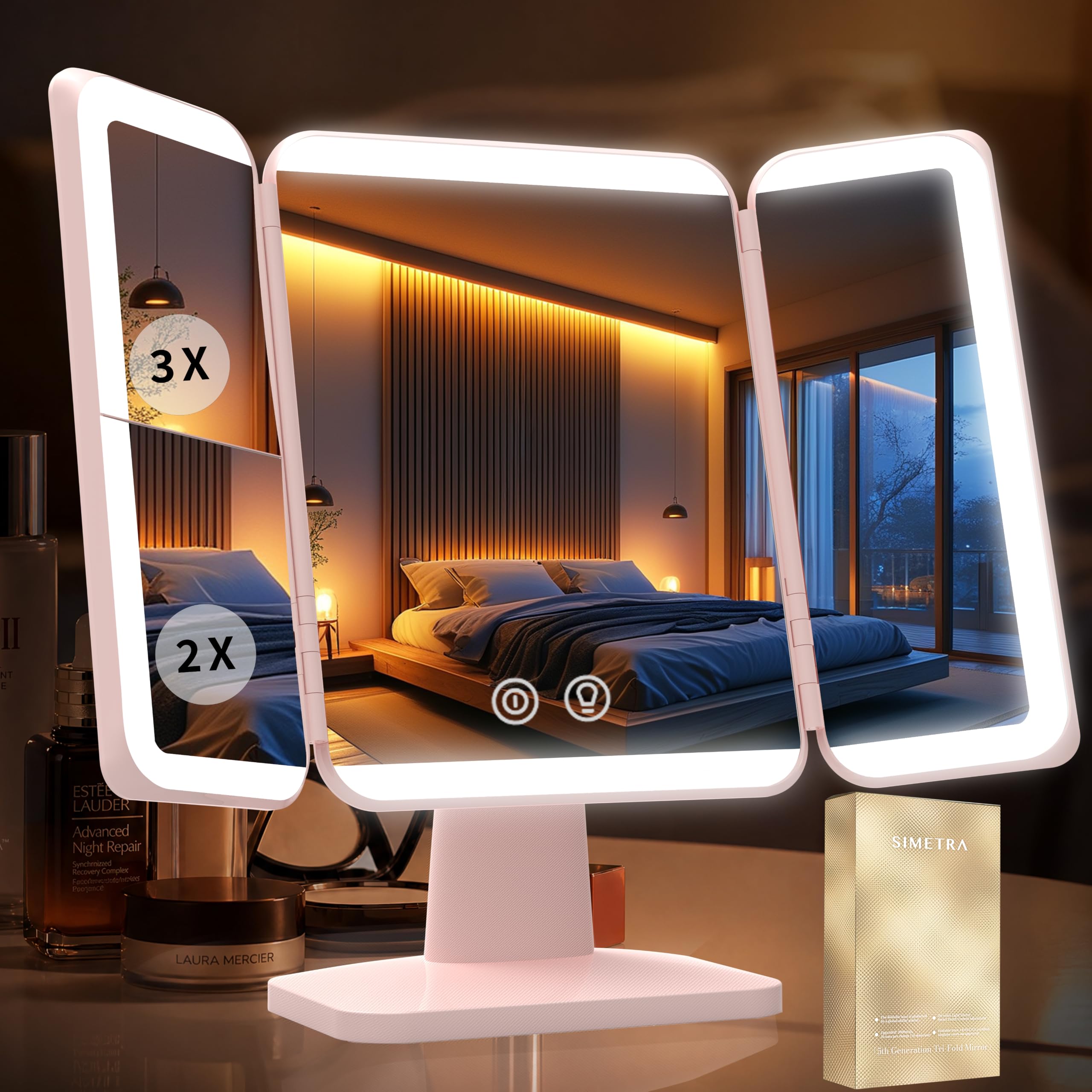 SIMETRA front view trifold mirror with even lighting for flawless application