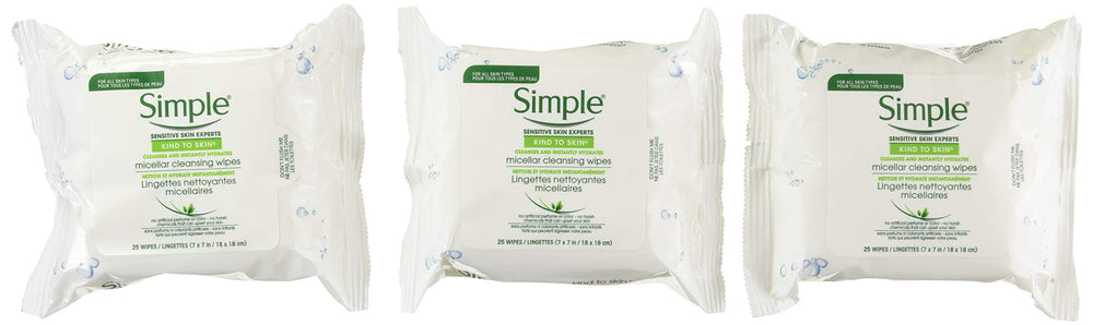 Simple micellar wipes front packaging showing travel-friendly tub and quick cleansing benefit