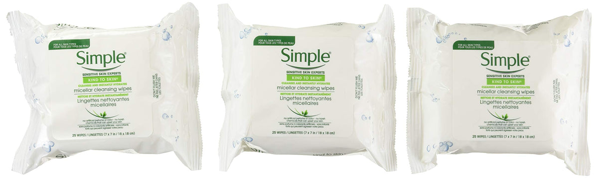 Simple micellar wipes front packaging showing travel-friendly tub and quick cleansing benefit