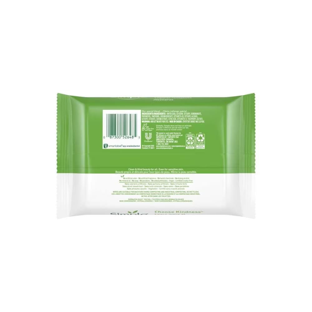 Hand holding a Simple micellar wipe removing makeup for easy on-the-go cleansing benefit