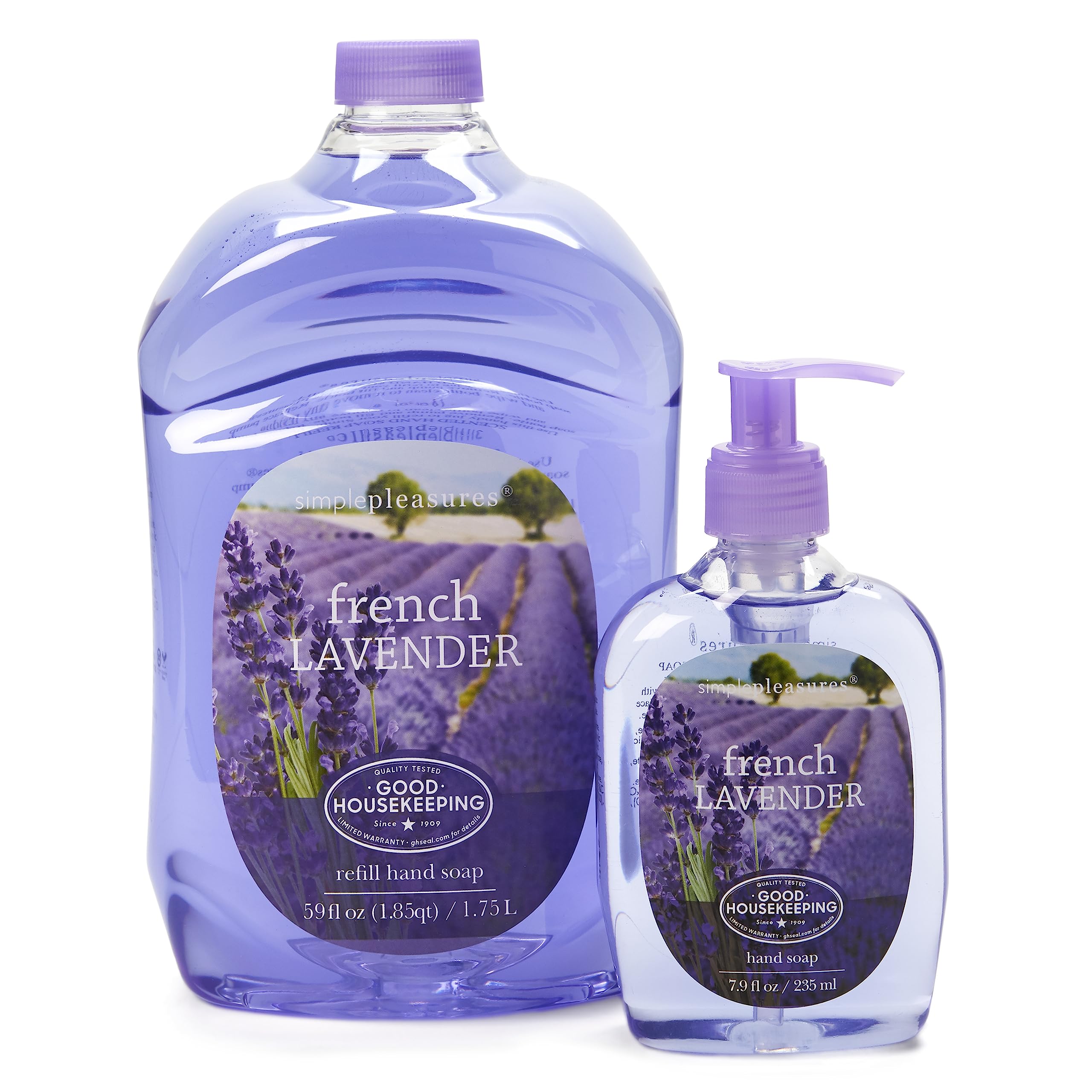Simple Pleasures front packaging showing pump and refill, clear value