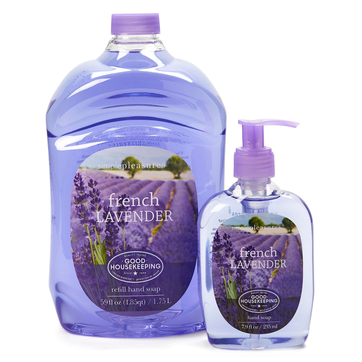 Simple Pleasures front packaging showing pump and refill, clear value