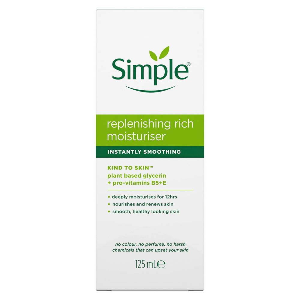 Simple replenishing rich open jar texture showing creamy finish, demonstrates smooth absorbency benefit