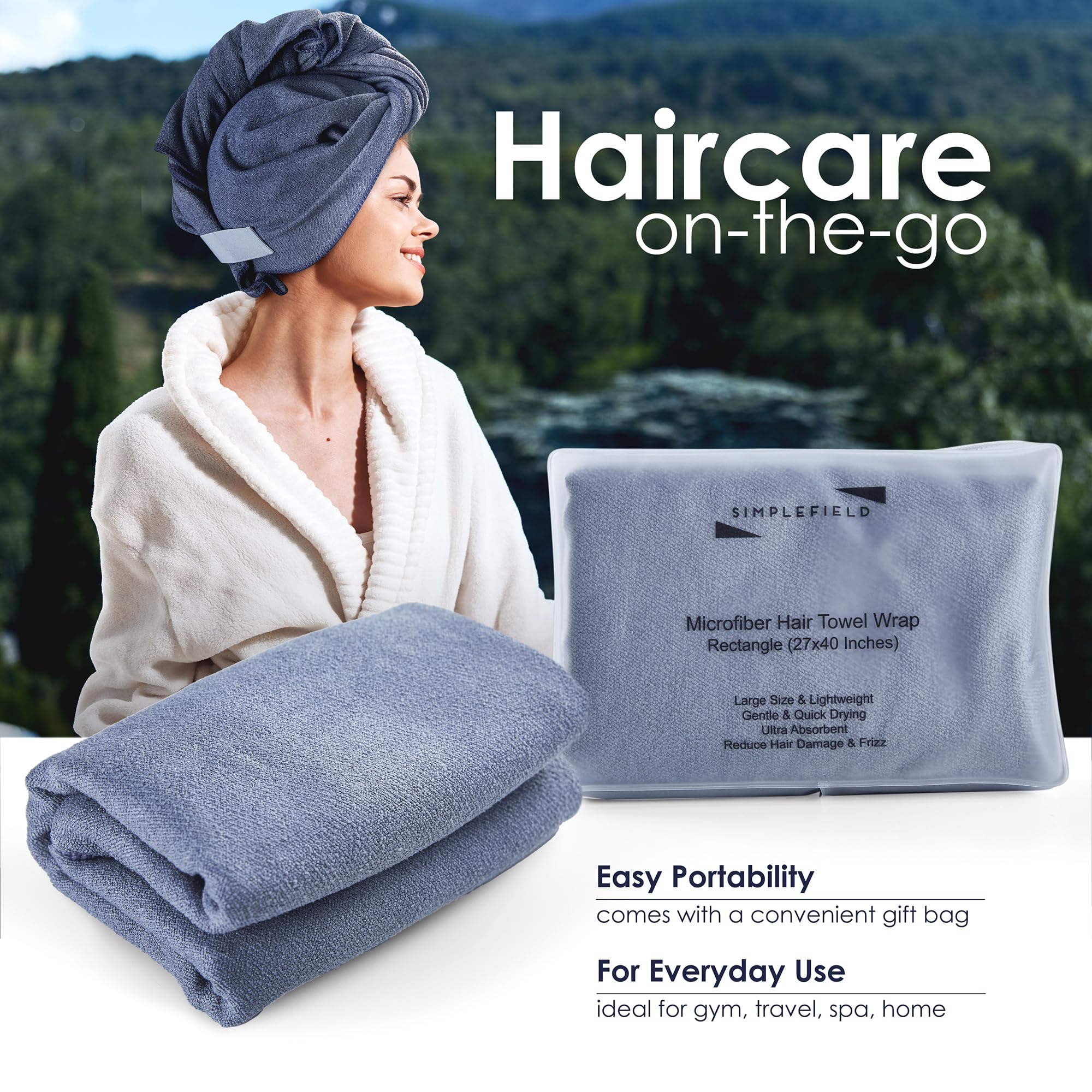 SimpleField model wrapping long curly hair demonstrating anti-frizz protection
