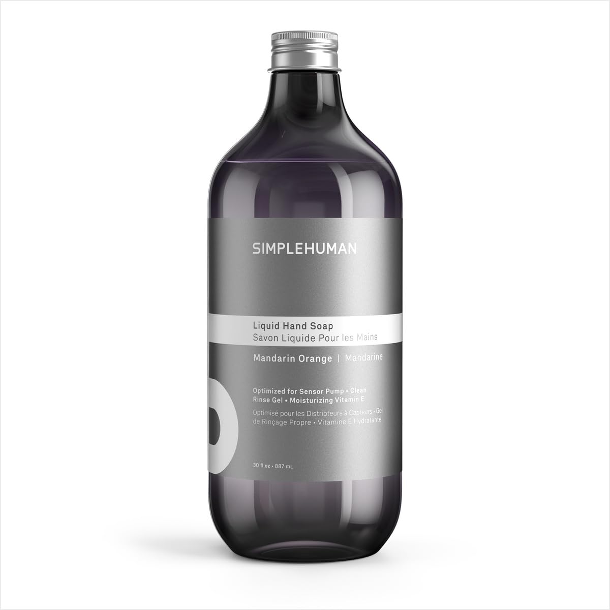 simplehuman front label showing mandarin orange scent and volume, clear product info benefit