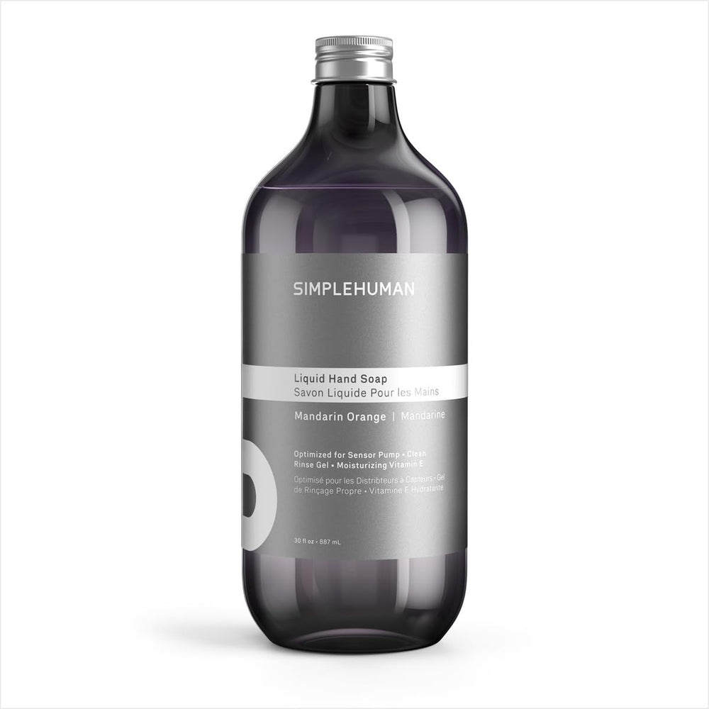 simplehuman front label showing mandarin orange scent and volume, clear product info benefit