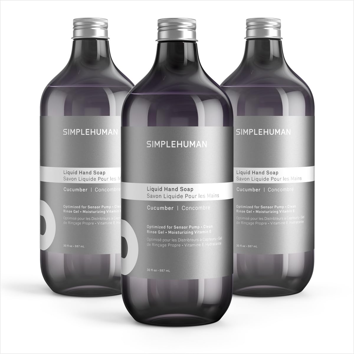 simplehuman front packaging showing three 30 fl oz bottles and value