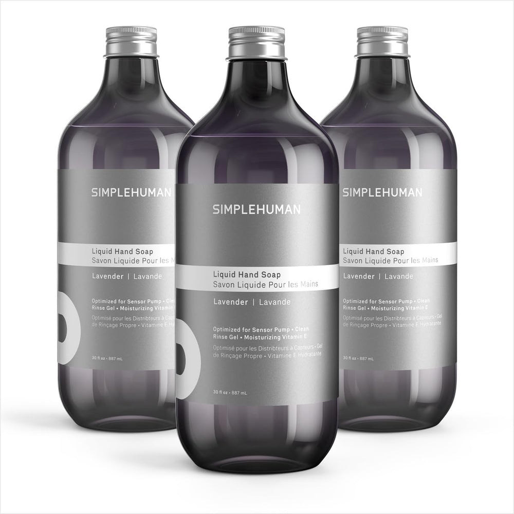 simplehuman front view of three lavender refill bottles showing packaging and eco benefit