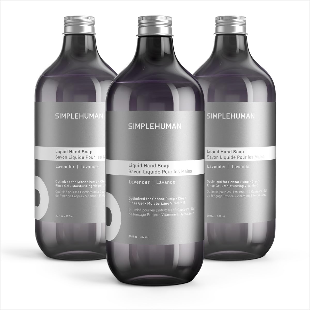 simplehuman front view of three lavender refill bottles showing packaging and eco benefit