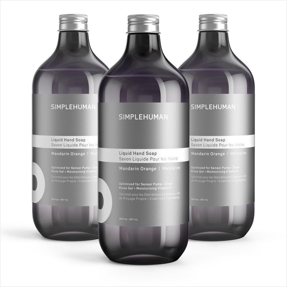 simplehuman front packaging showing three 30 fl oz refill bottles and citrus label benefit: long-lasting supply