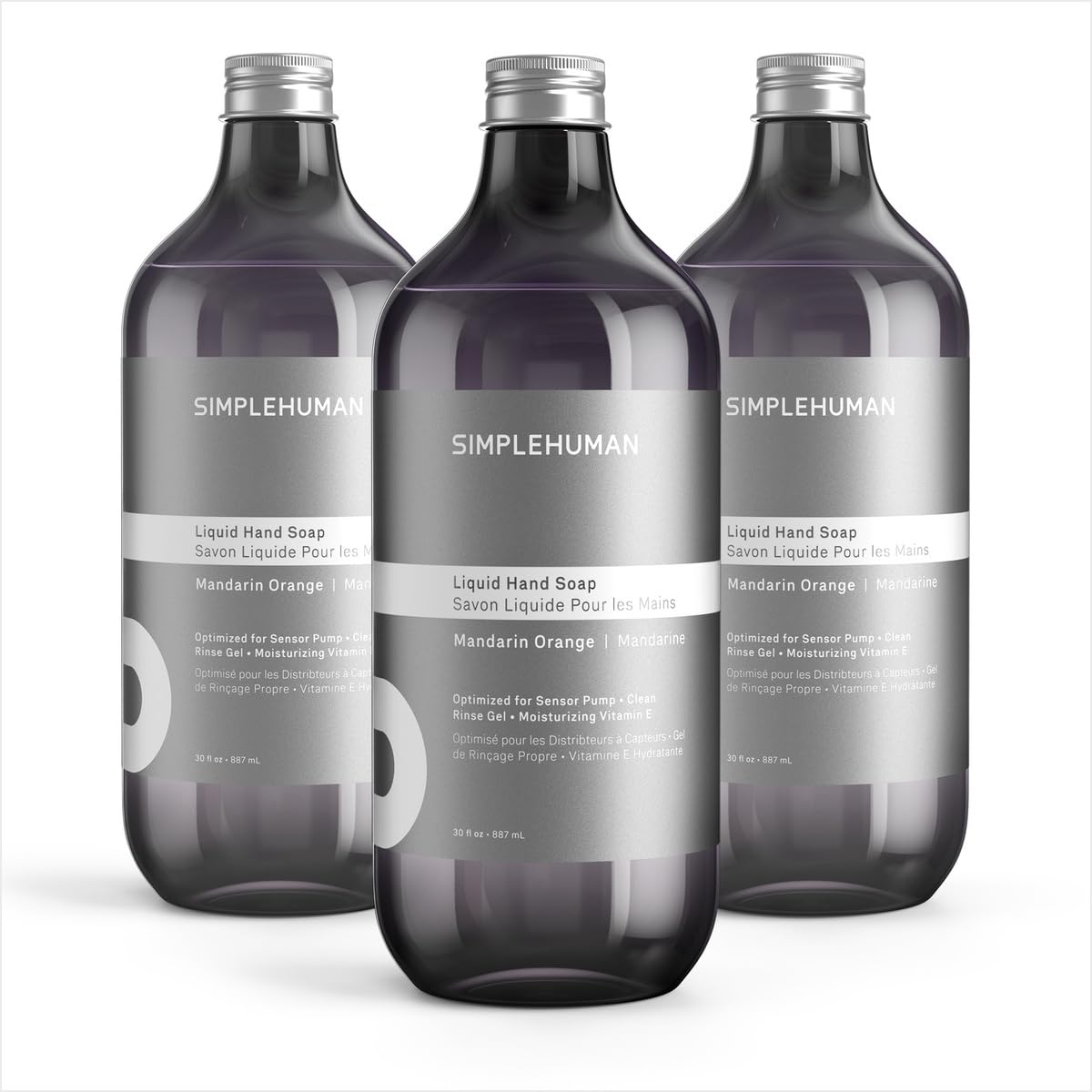 simplehuman front packaging showing three 30 fl oz refill bottles and citrus label benefit: long-lasting supply