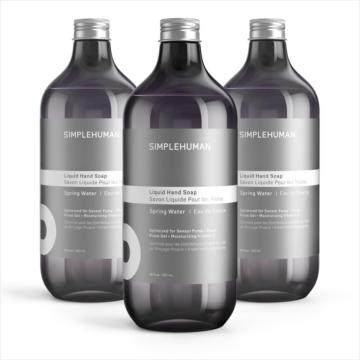 simplehuman front packaging showing three 30 fl oz bottles and floral label benefits