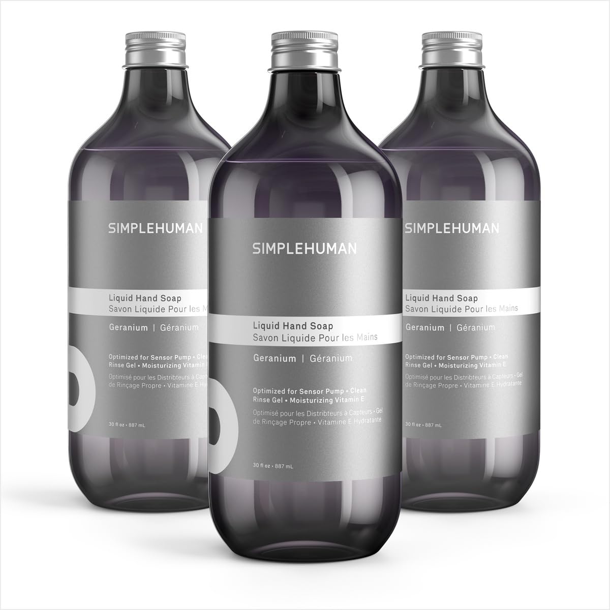 simplehuman geranium refill bottle front view shows label and clear volume, convenient bulk supply