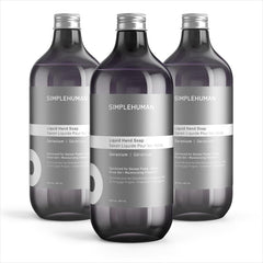 simplehuman geranium refill bottle front view shows label and clear volume, convenient bulk supply