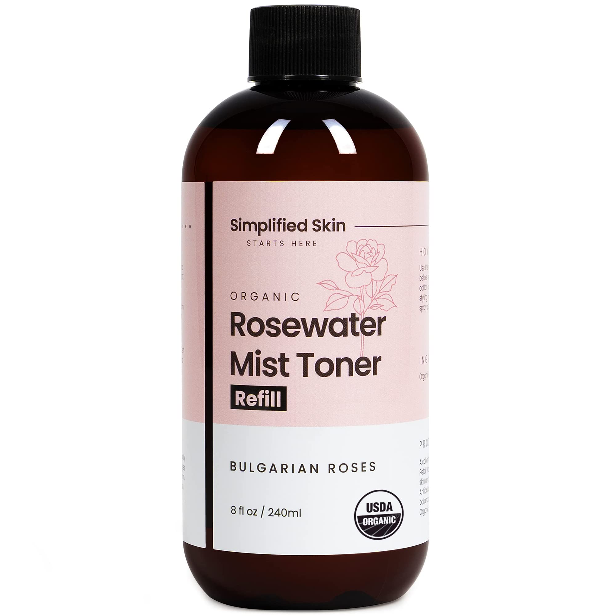 Simplified Skin front packaging showing rose water bottle and clean design for clarity
