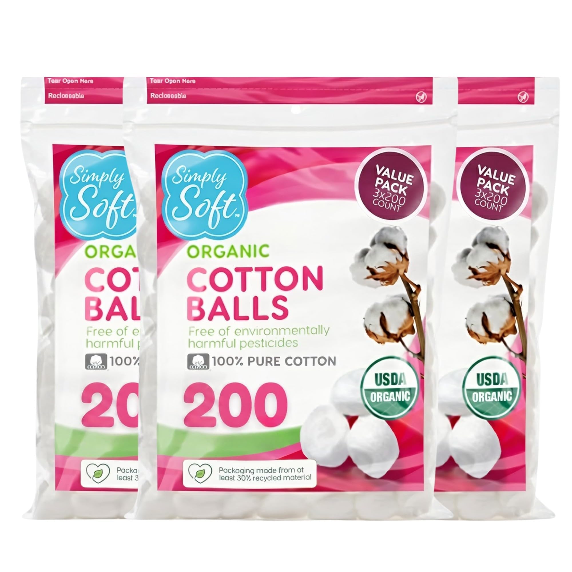 Simply Soft front packaging showing 600-count and organic certification benefit