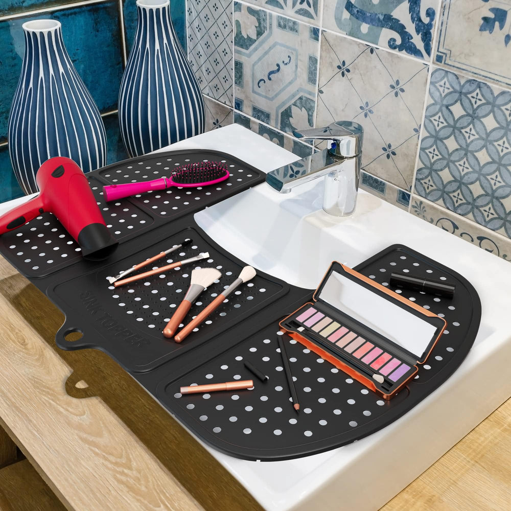 Sink Topper arranged with makeup and brushes to showcase clutter control by Sink Topper