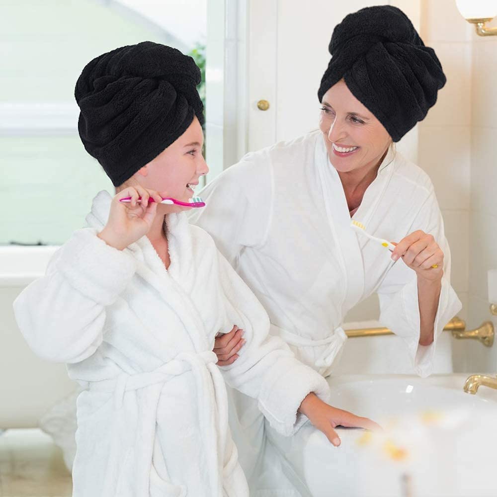 SINLAND towel wrapped on woman demonstrating secure hold and reduced frizz benefit