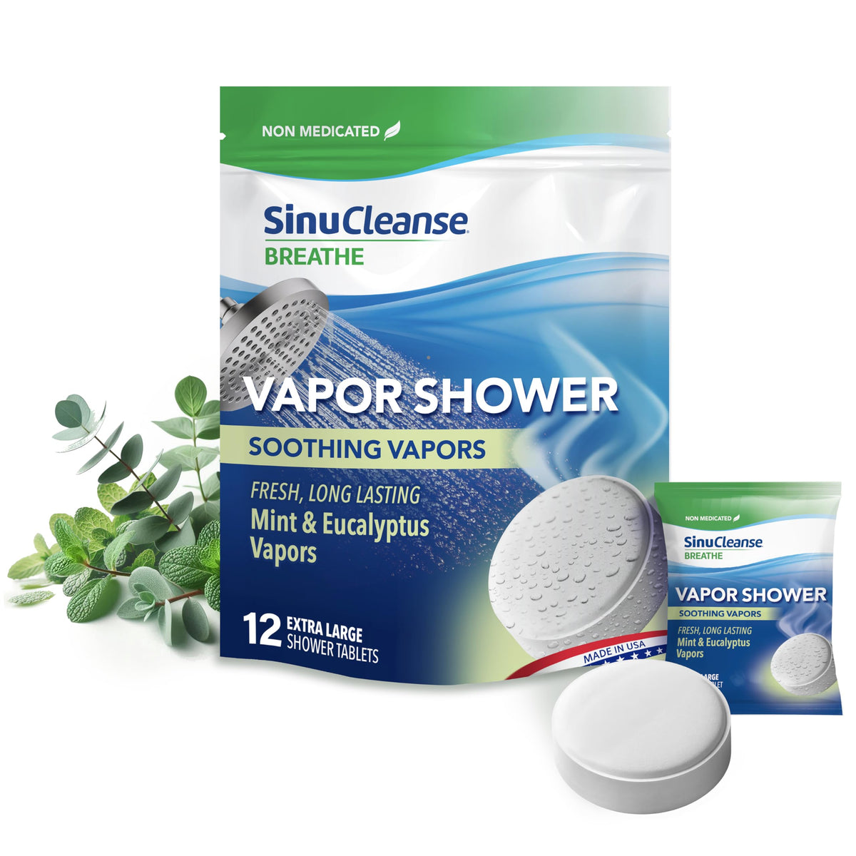 SinuCleanse front packaging showing eucalyptus and mint scent benefits