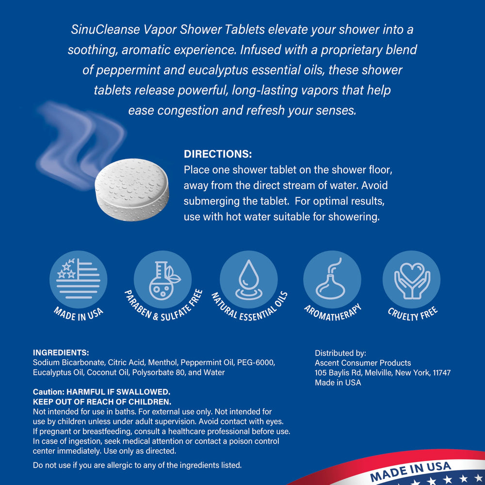SinuCleanse tablet sitting on shower shelf releasing refreshing eucalyptus vapors