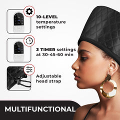 SISWOW heat cap worn on curly hair demonstrating whole-head coverage and enhanced treatment