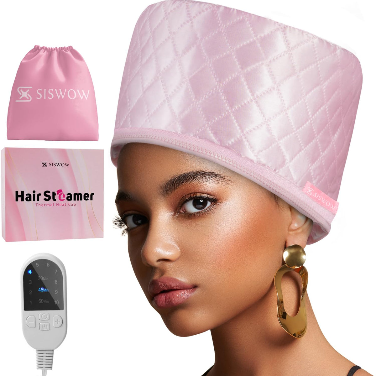 SISWOW front view of thermal steamer cap showing full head coverage and faster conditioning