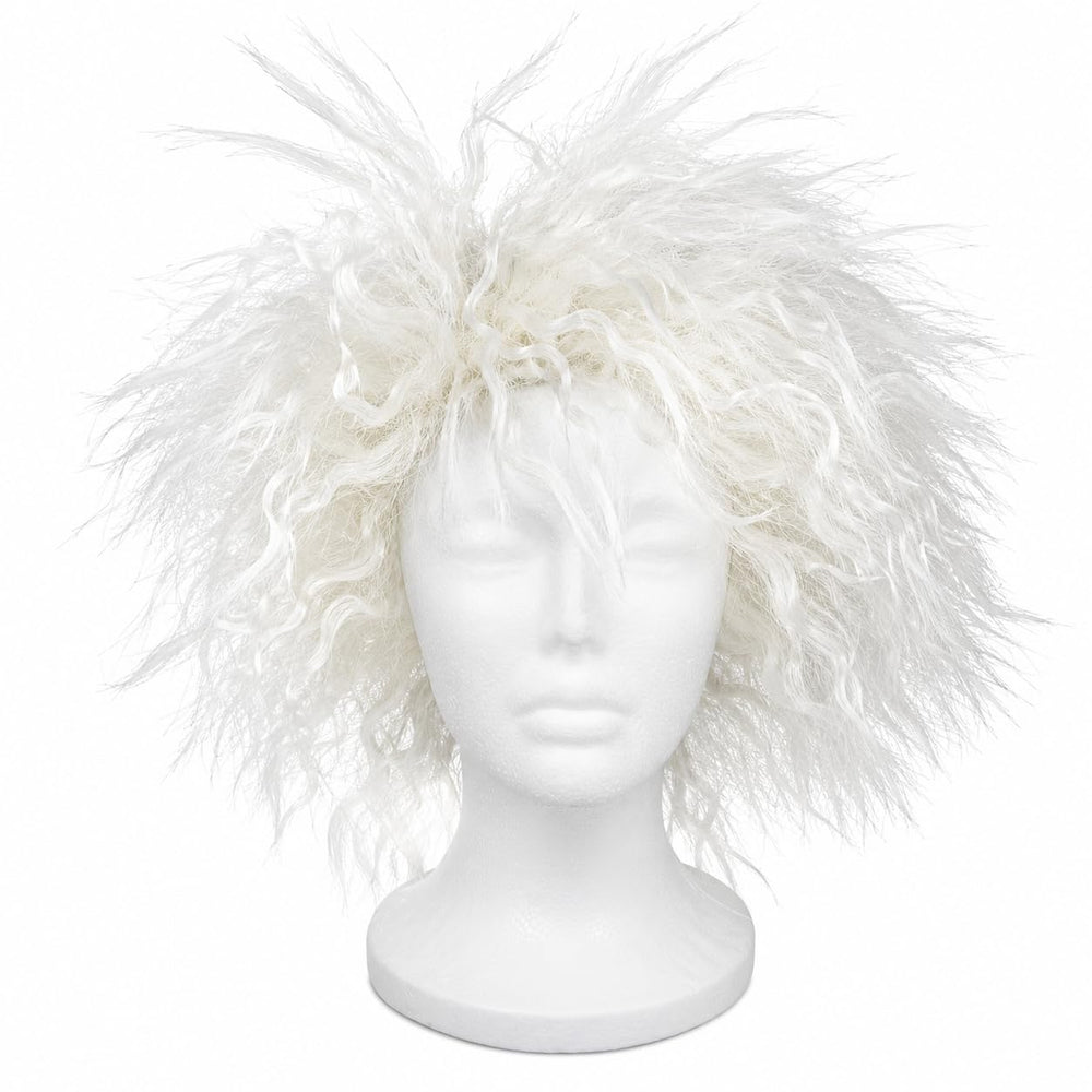 Skeleteen wig held in hand showing size and easy portability