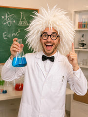 Skeleteen wig on mannequin with lab coat showing character pairing