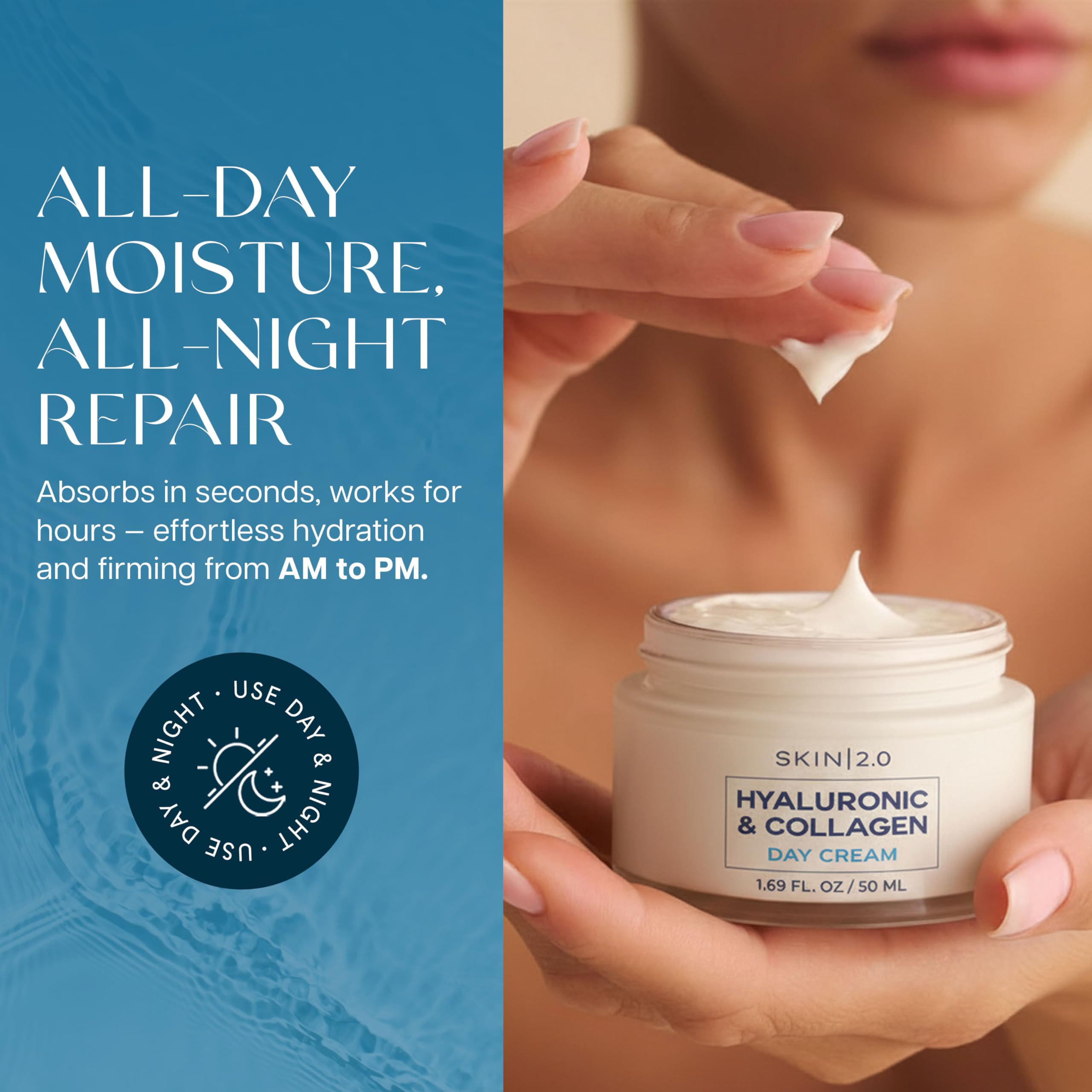 Skin 2.0 day cream pump dispensing lightweight formula for easy layering