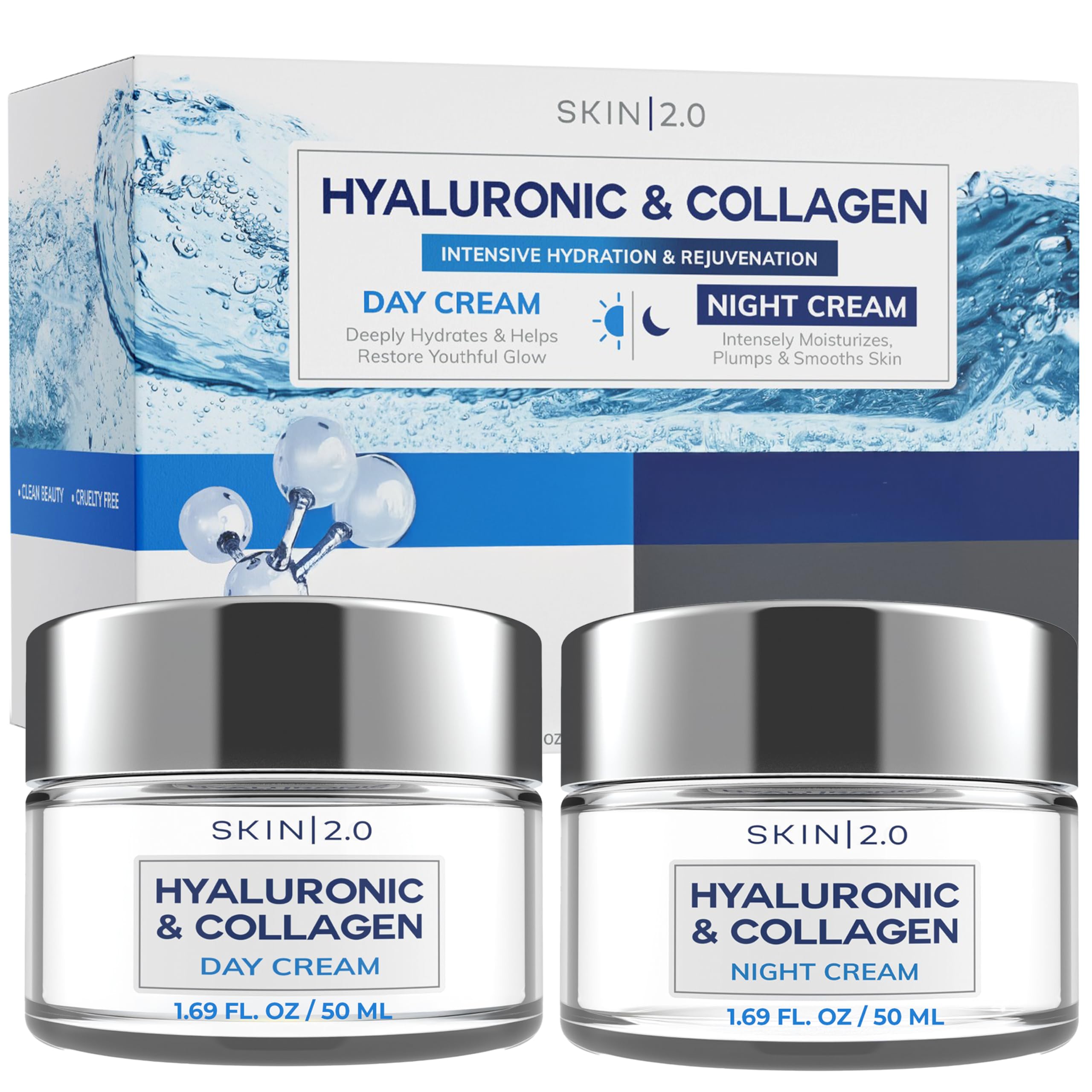 Skin 2.0 front packaging jar duo showing set benefits and clean design