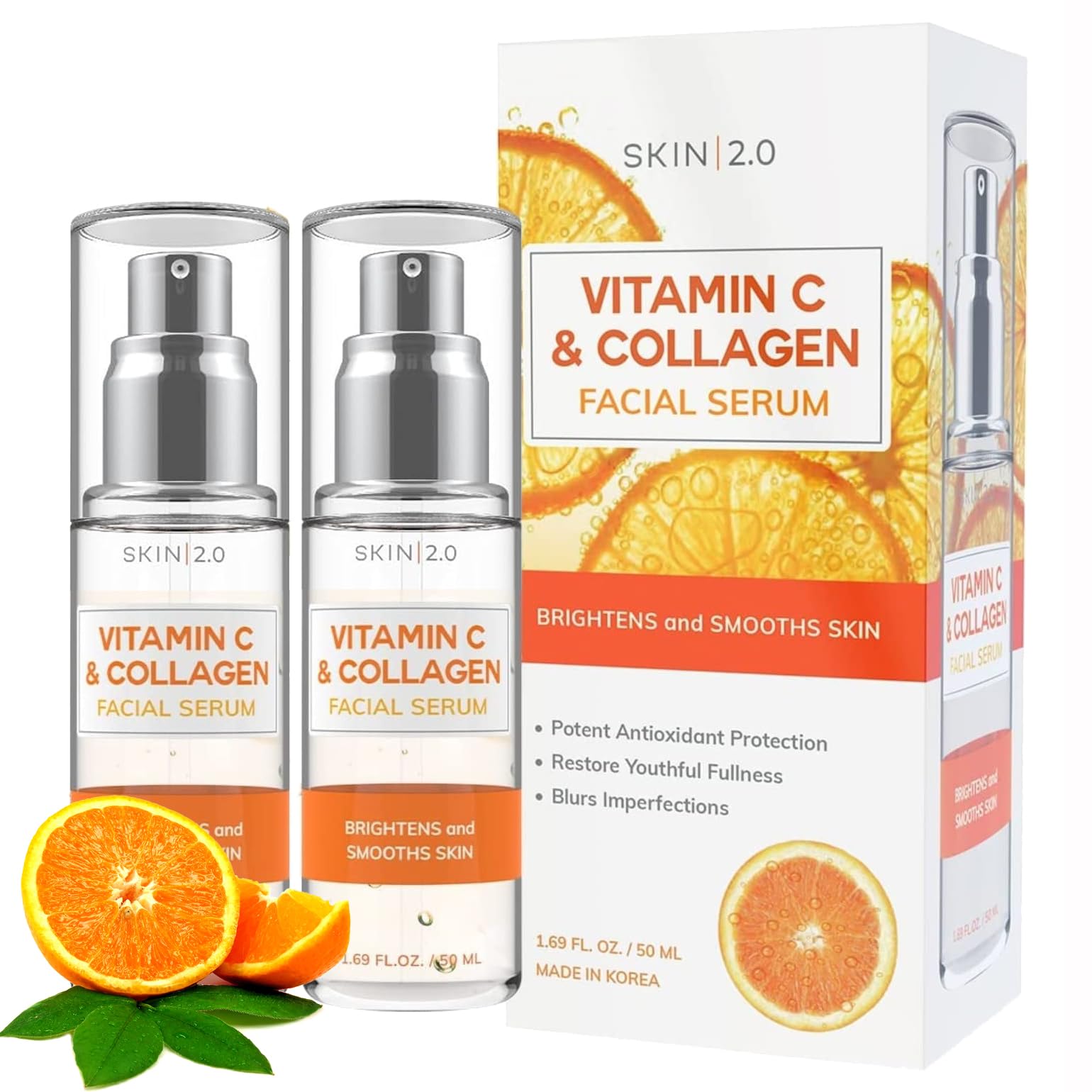 Skin 2.0 front packaging showing vitamin C collagen serum and key benefit of radiance
