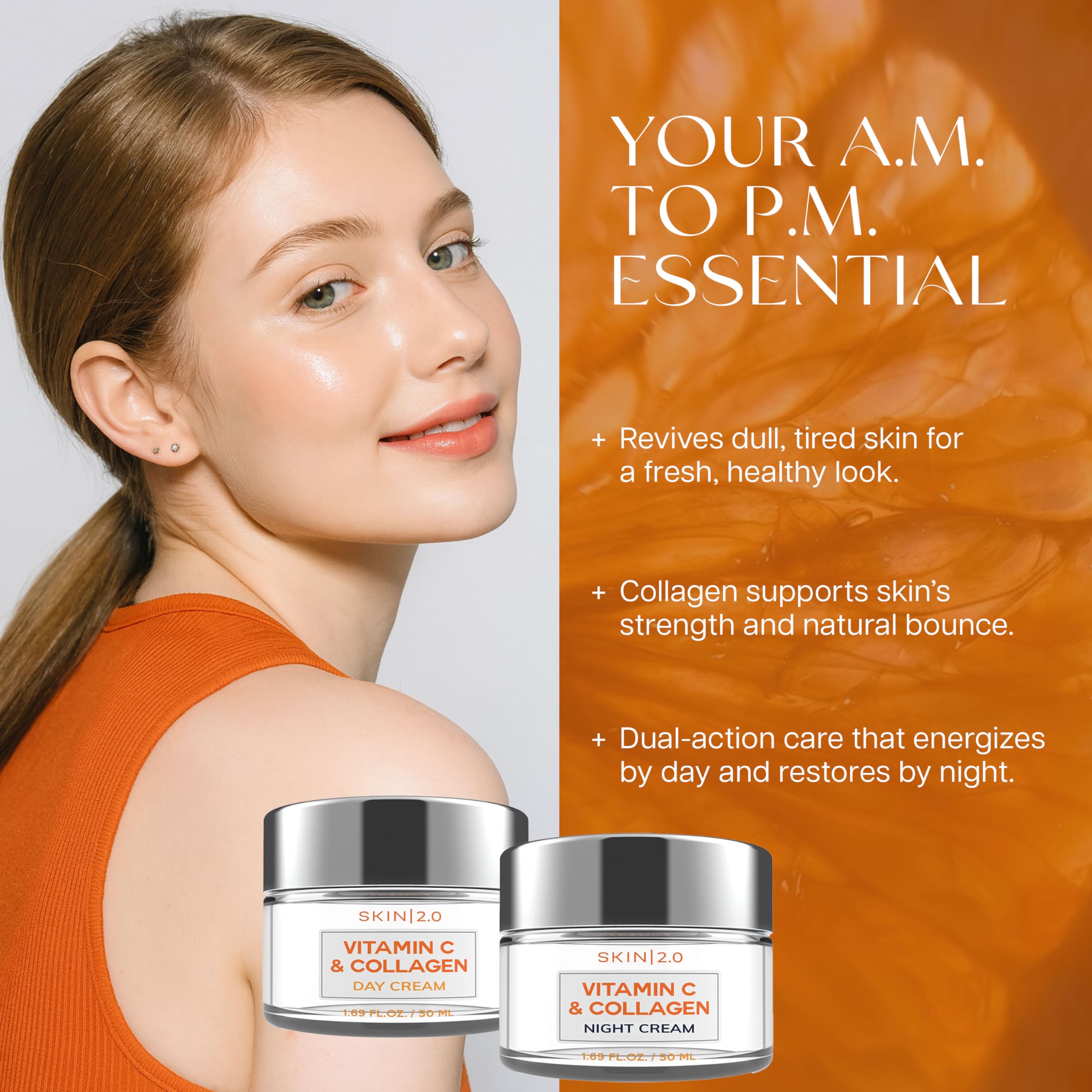 Skin 2.0 ingredients bowl with vitamin C and collagen highlighting nourishing formulas