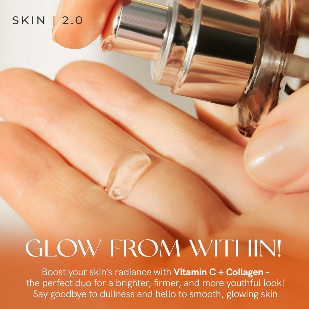 Skin 2.0 ingredient label closeup showing vitamin C and collagen clarity benefit