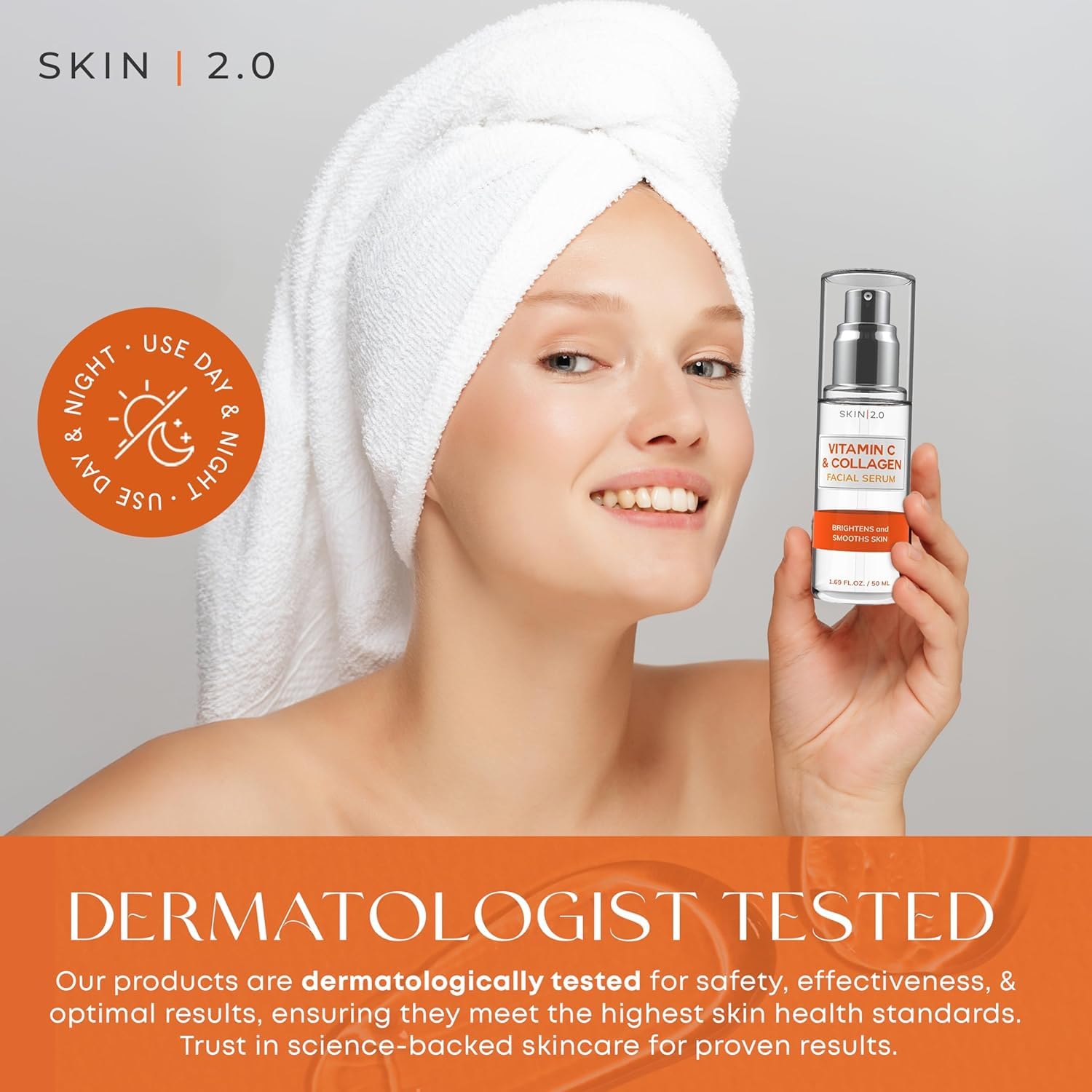 Skin 2.0 bottle in hand to show size and portable skincare routine benefit