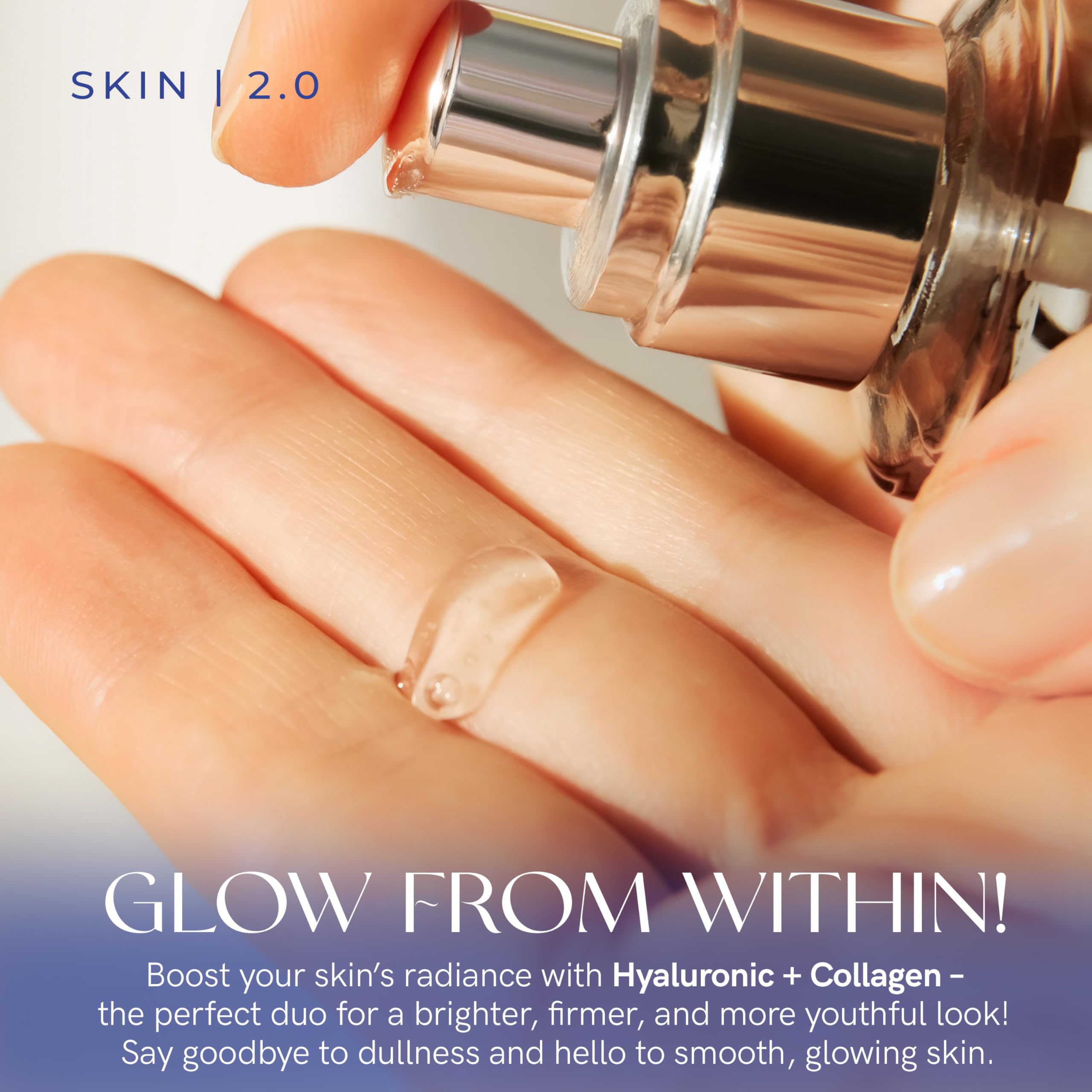 Skin 2.0 size comparison with hand demonstrating the compact 1.69 fl oz travel-friendly benefit