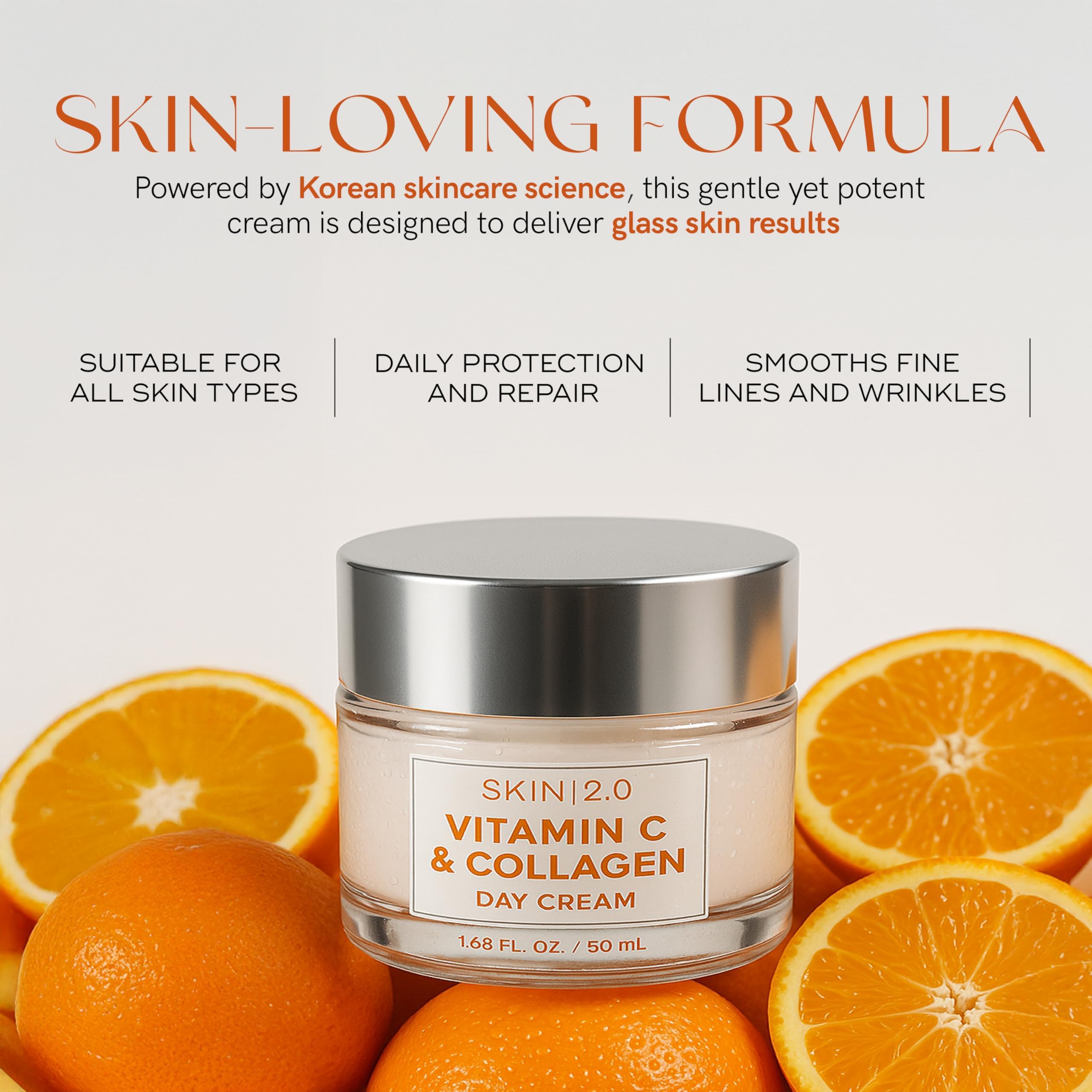 Skin 2.0 on bathroom counter with plant, suggests daily routine and radiance