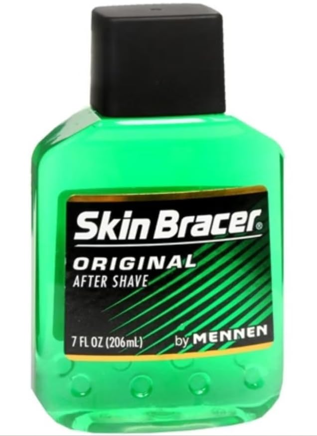 Skin Bracer next to a razor for scale showing the 7 fl oz bottle size and travel-friendly convenience