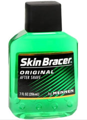 Skin Bracer next to a razor for scale showing the 7 fl oz bottle size and travel-friendly convenience