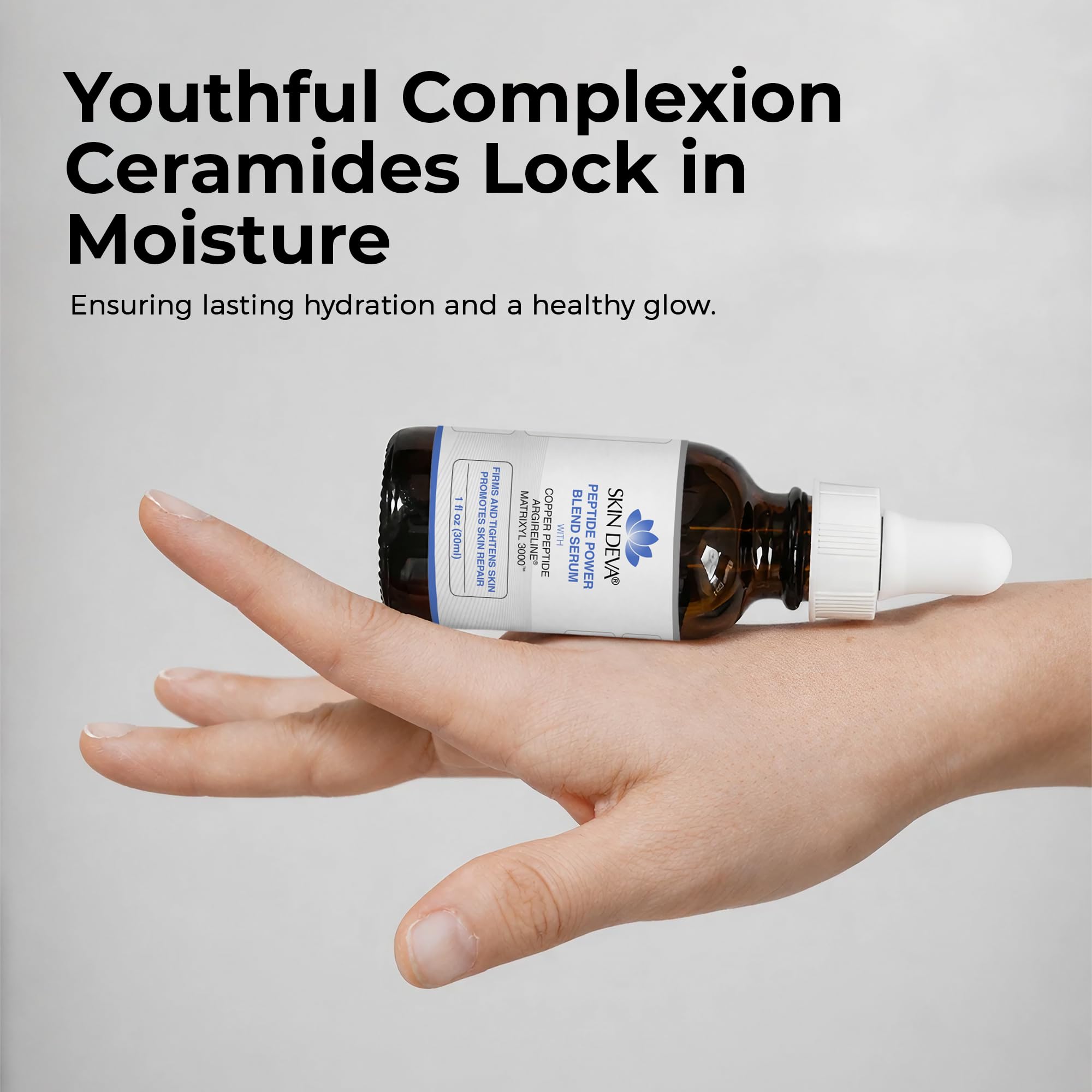 SKIN DEVA bottle beside moisturizer showing layering benefit: pairs with creams