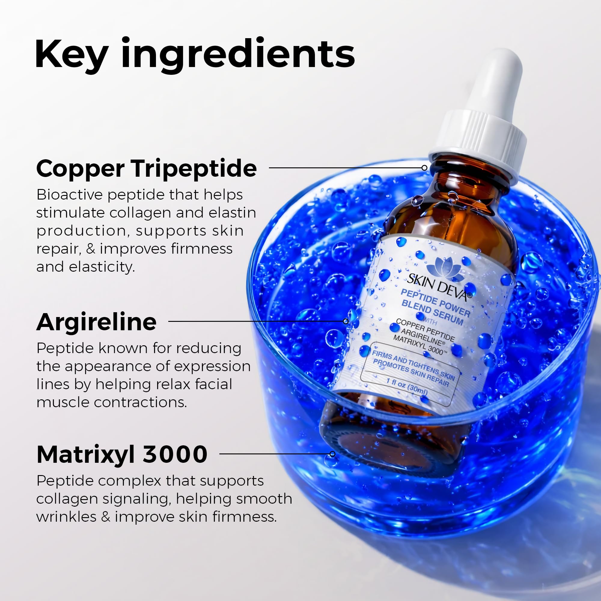 SKIN DEVA ingredient display with peptides and botanicals benefit: supports firmer-looking skin