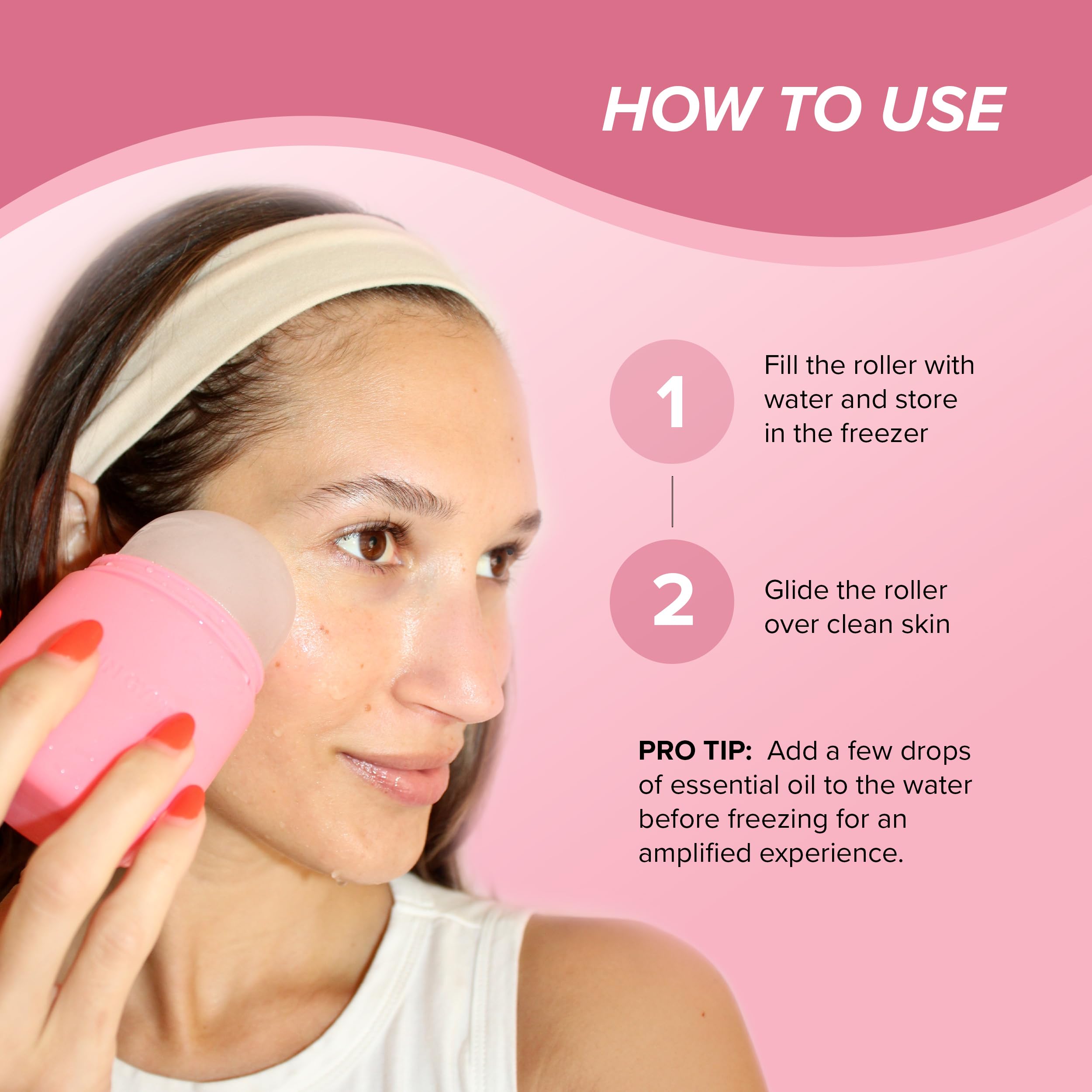 SKIN GYM ice roller being used on face and neck to reduce puffiness and refresh
