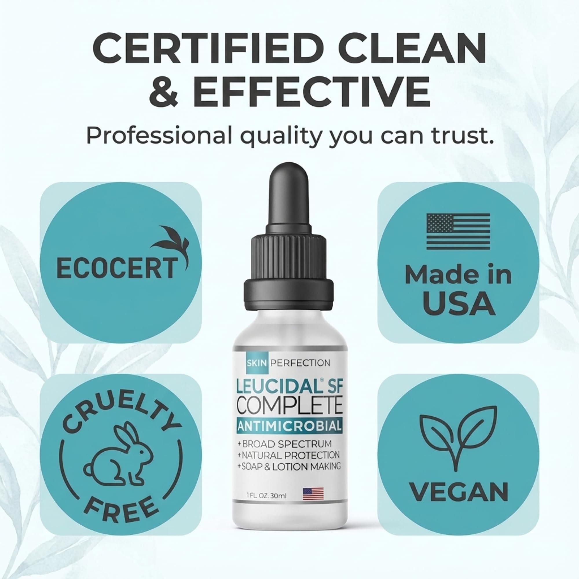 Skin Perfection bottle beside common items to show 1 oz size and yield