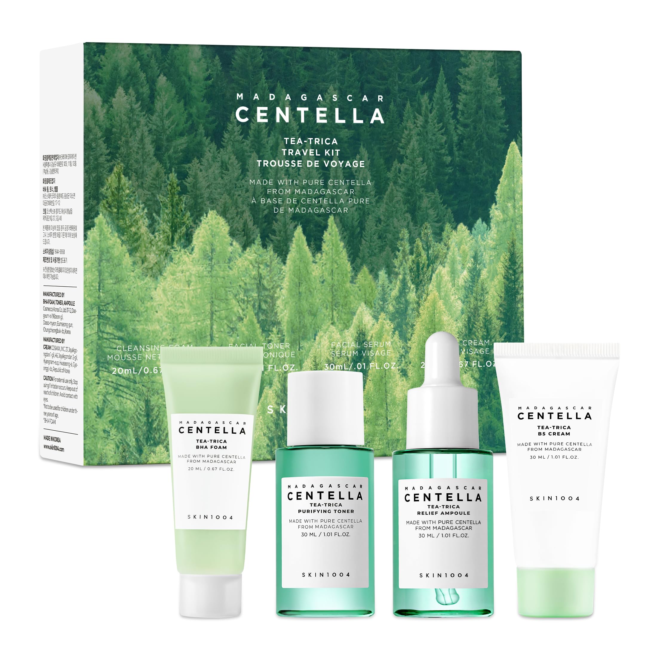 SKIN1004 travel kit front packaging showing compact set and calming design benefit