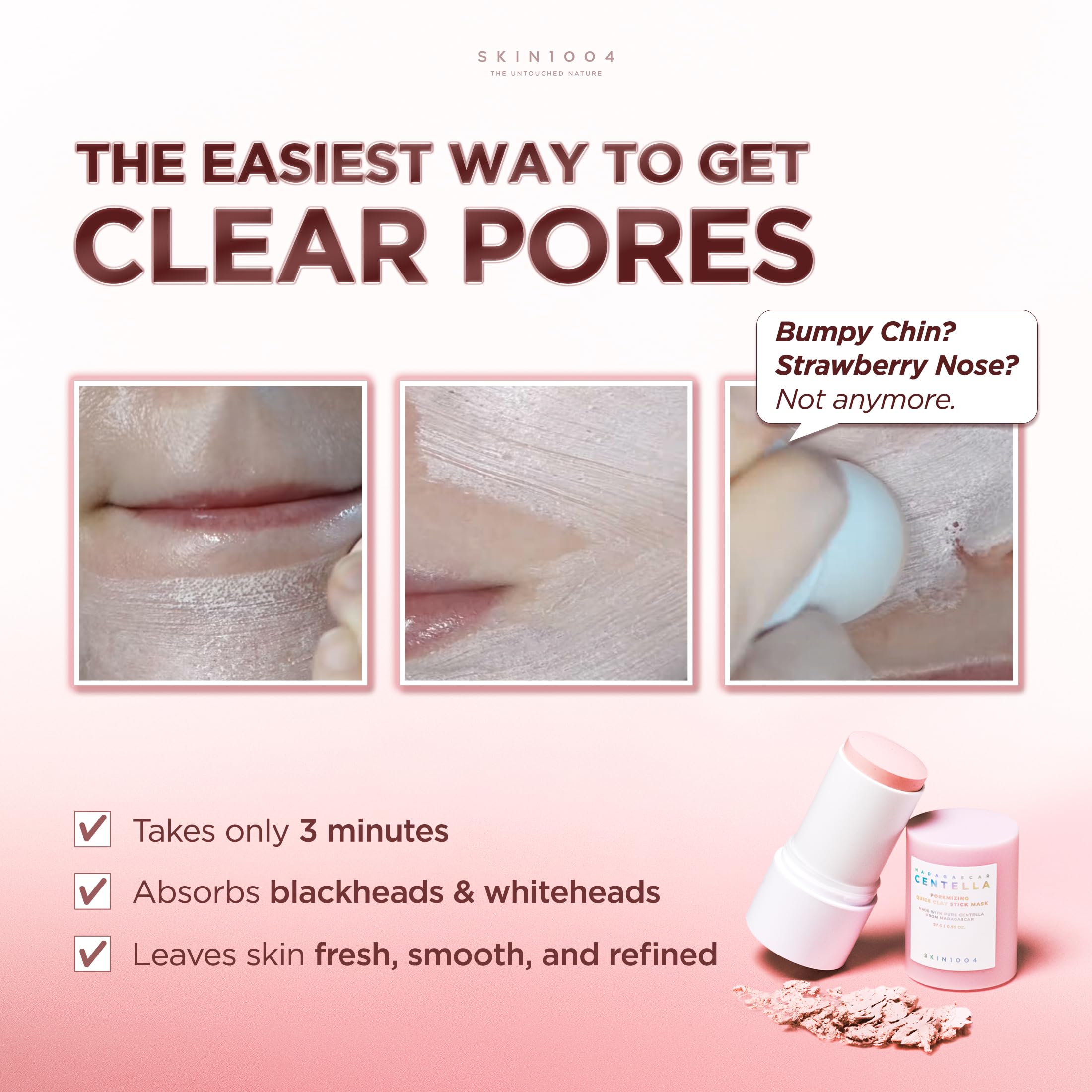 SKIN1004 applying the clay stick to cheek for quick pore care
