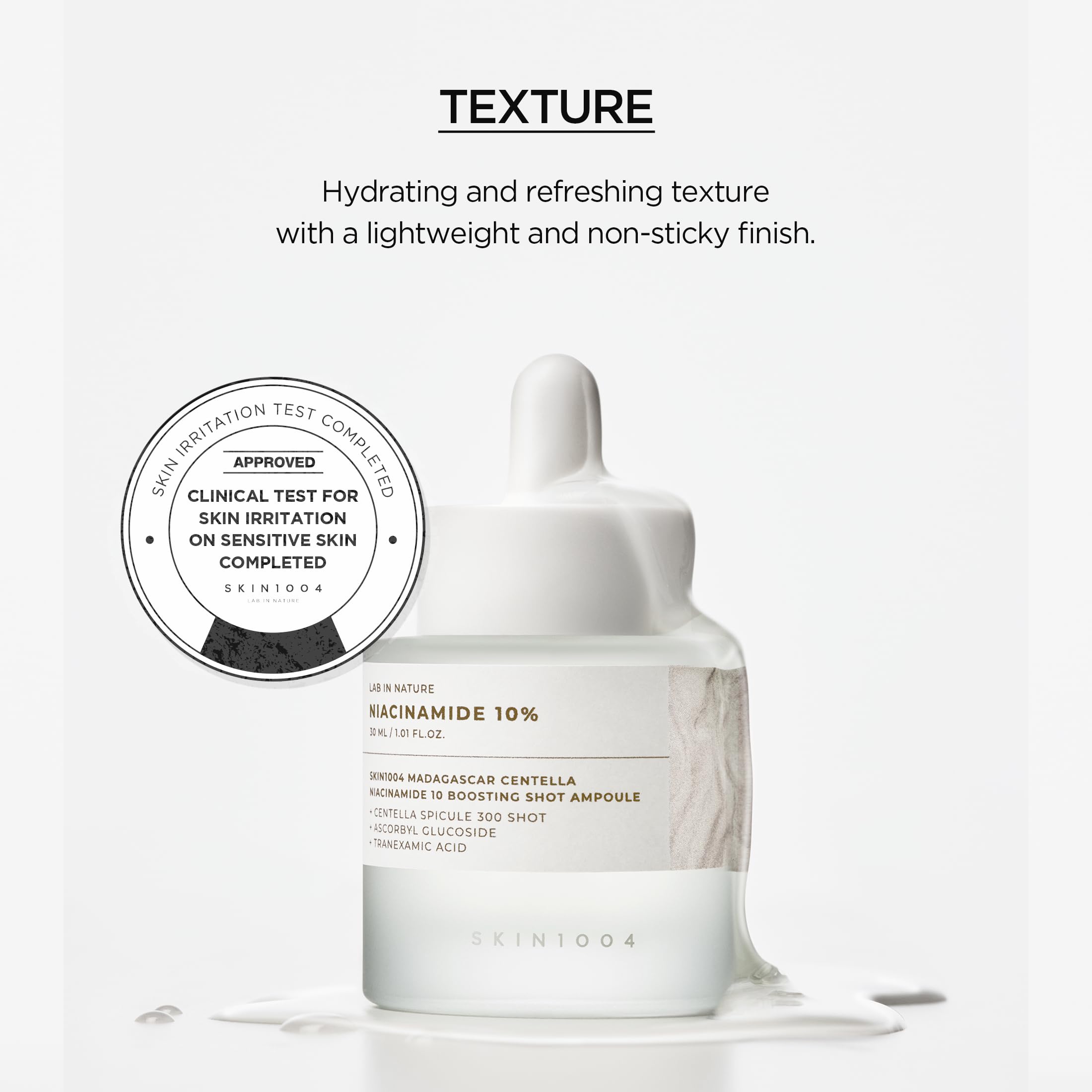 SKIN1004 ampoule staged in bathroom routine illustrating layering under moisturizer benefit: easy integration